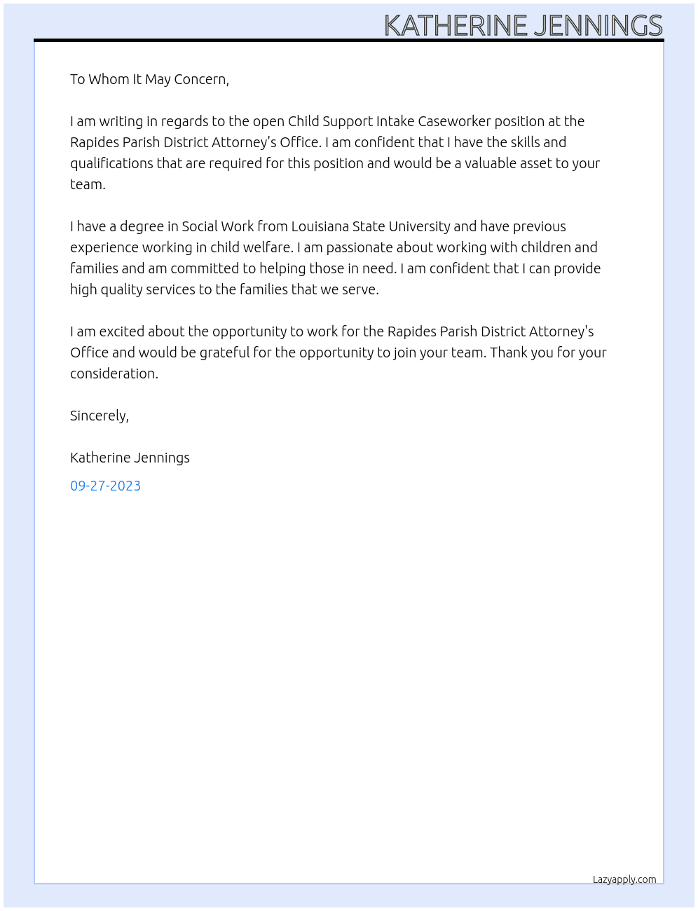 Child Support Intake Caseworker At Rapides Parish District Attorney's Office Cover Letter