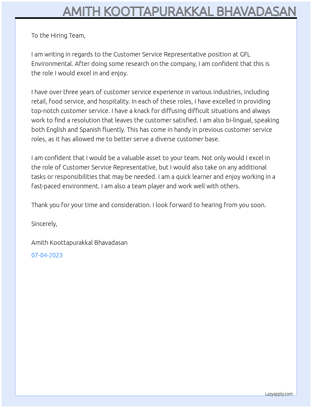 Customer Service Representative At GFL Environmental Cover Letter