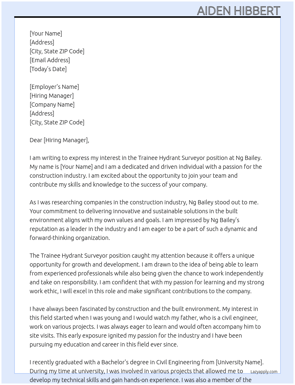 Trainee hydrant surveyor At Ng Bailey  Cover Letter