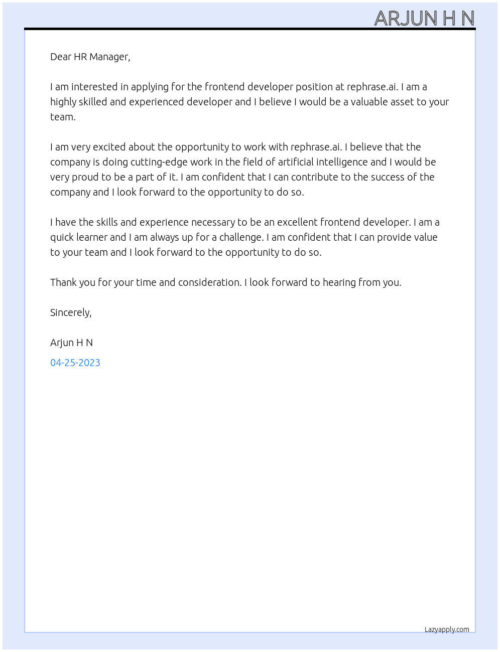 Frontend developer At rephrase.ai Cover Letter