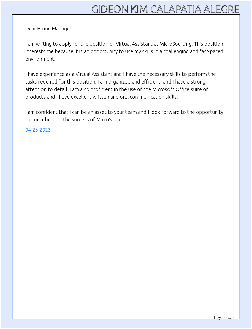 Virtual Assistant At MicroSourcing Cover Letter