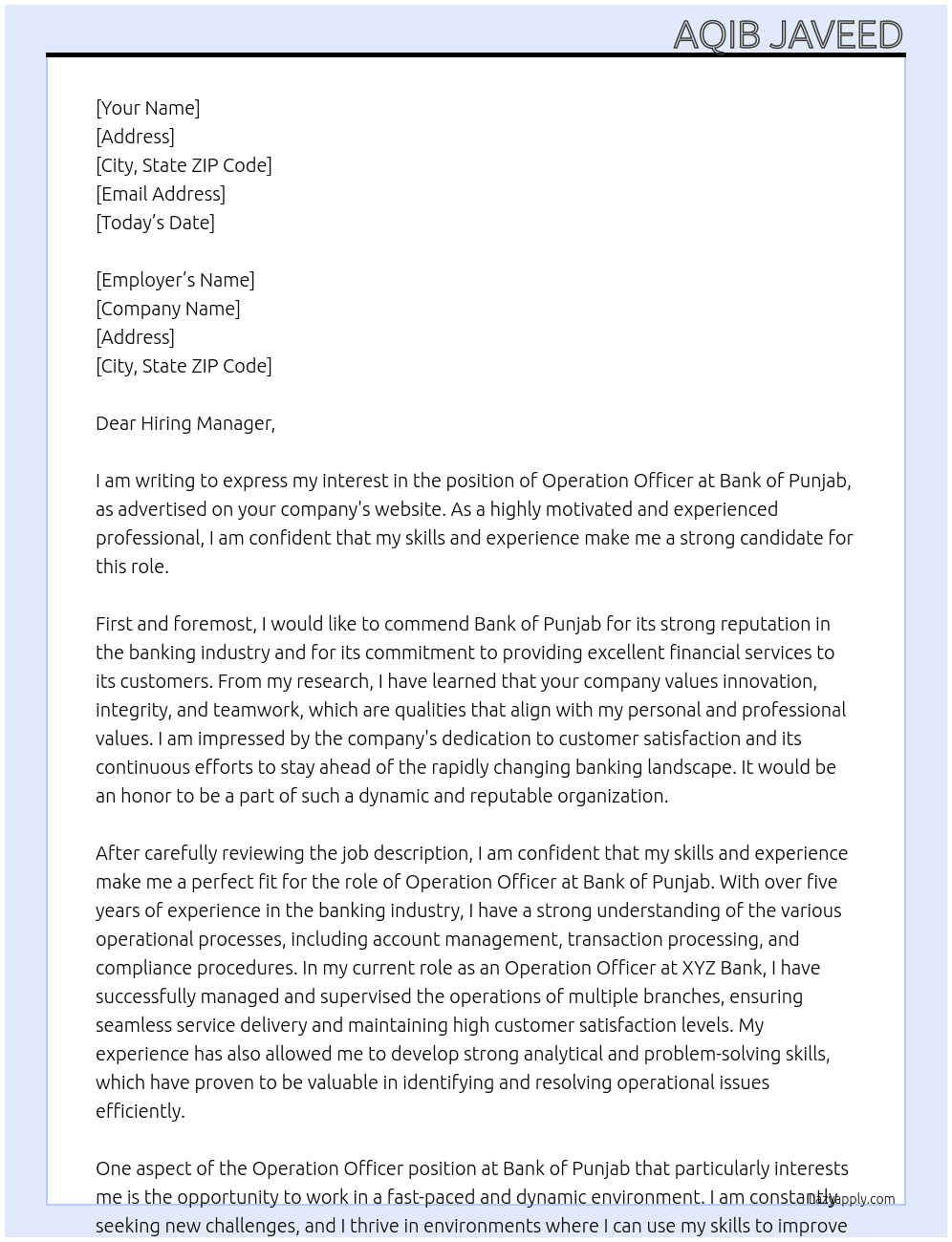 Operation Officer  At Bank of Punjab Cover Letter