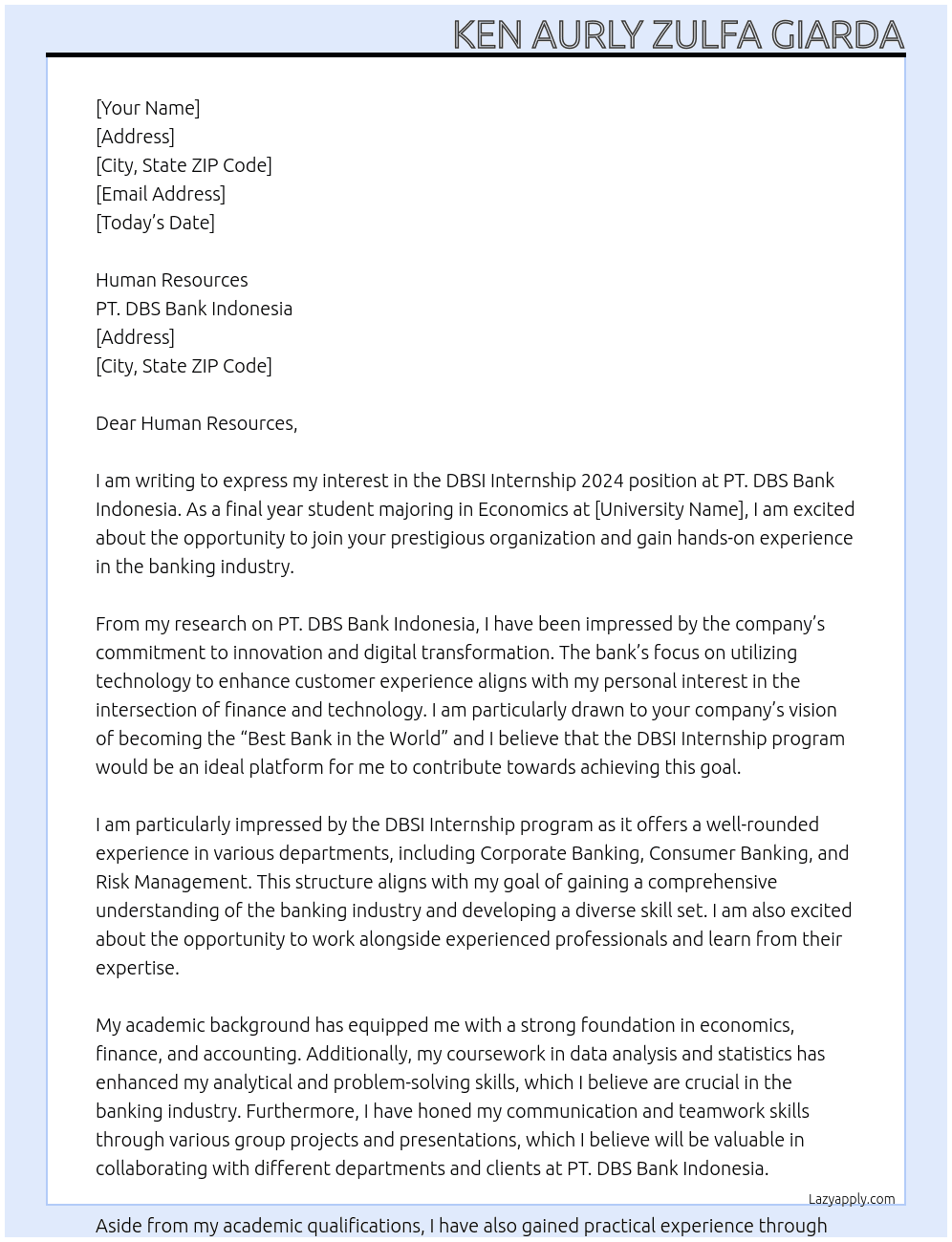 DBSI Internship 2024 At PT. DBS Bank Indonesia Cover Letter