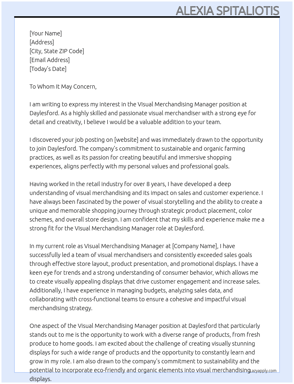 Visual Merchadising Manager At Daylesford Cover Letter