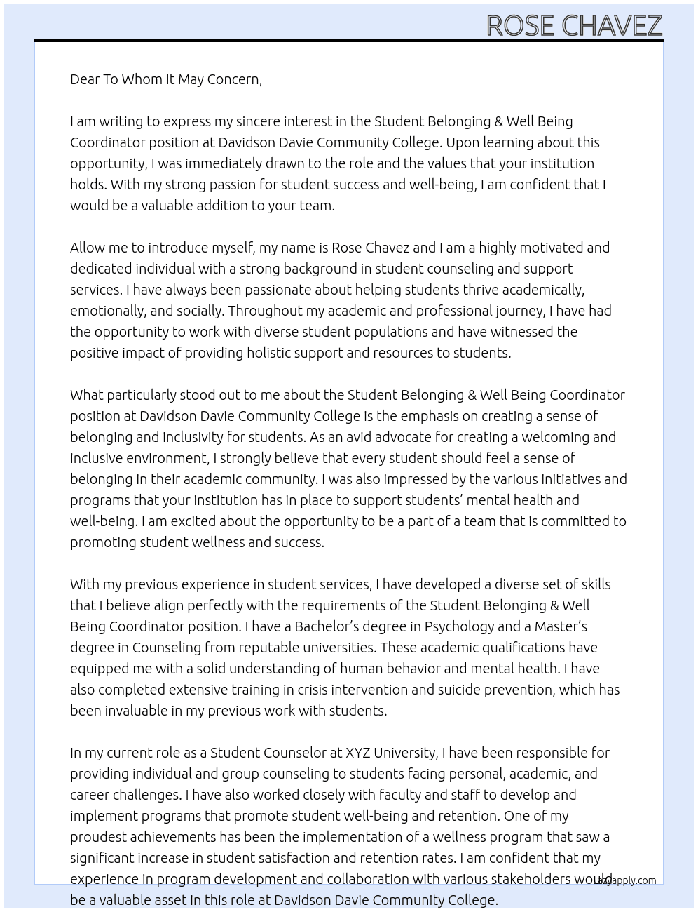 Student Belonging & Well Being Coordinator At Davidson Davie Community College Cover Letter