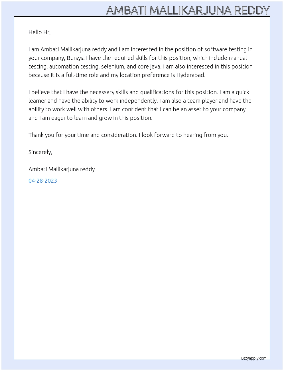 Software testing  At Bursys Cover Letter