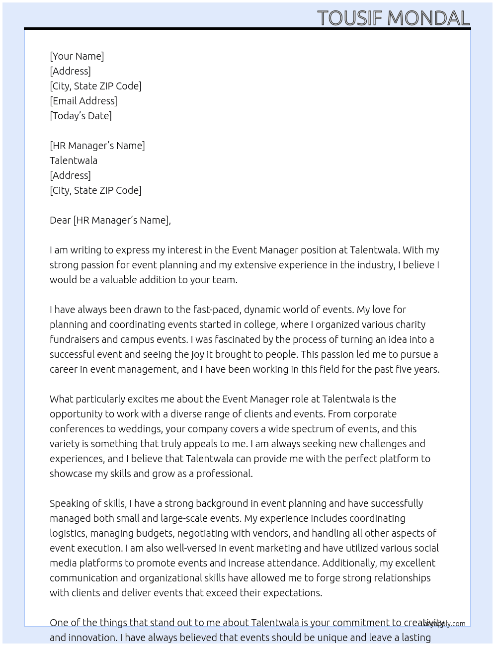 Event Manager At Talentwala Cover Letter
