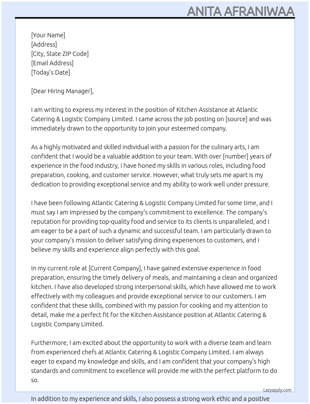 KITCHEN ASSISTANCE At ATLANTIC CATERING & LOGISTIC COMPANY LIMITED Cover Letter