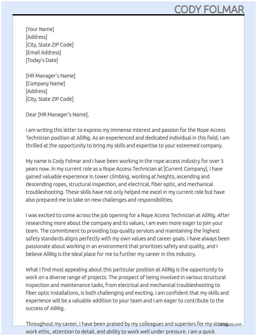 Rope access technician  At AllRig Cover Letter