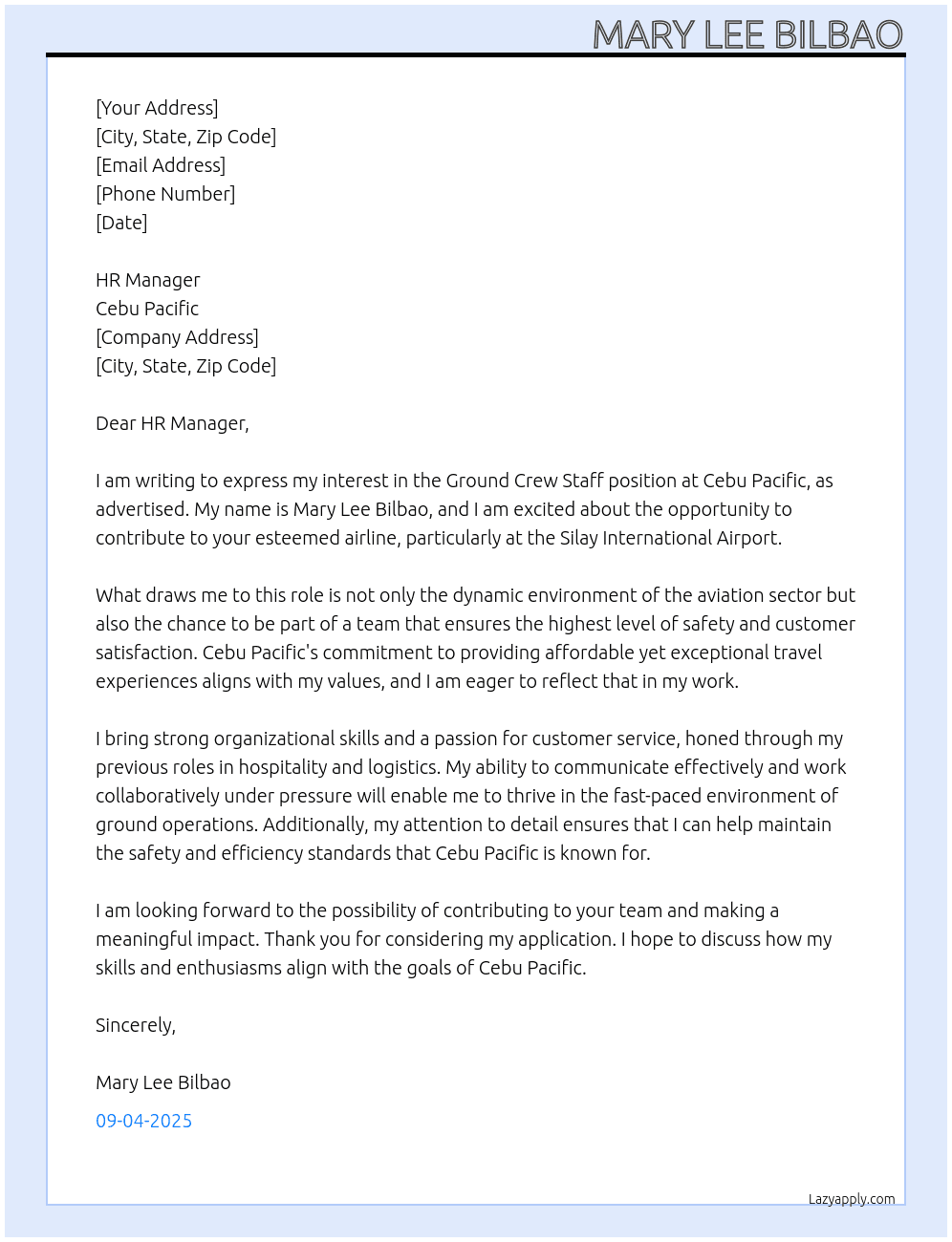 Ground crew staff At Cebu pacific Cover Letter
