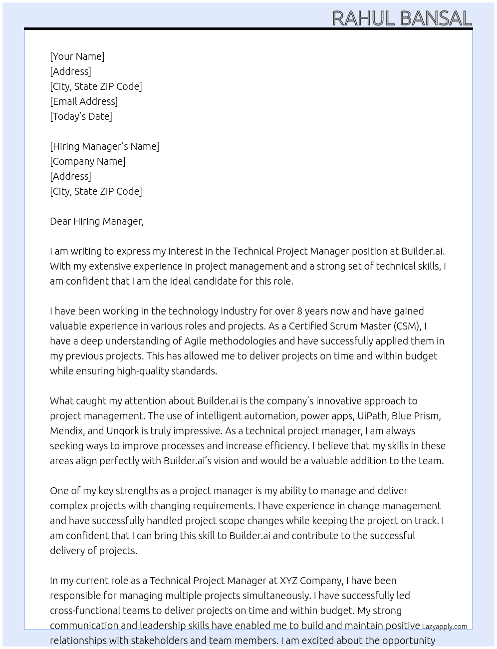 Technical Project Manager At Builder.ai Cover Letter