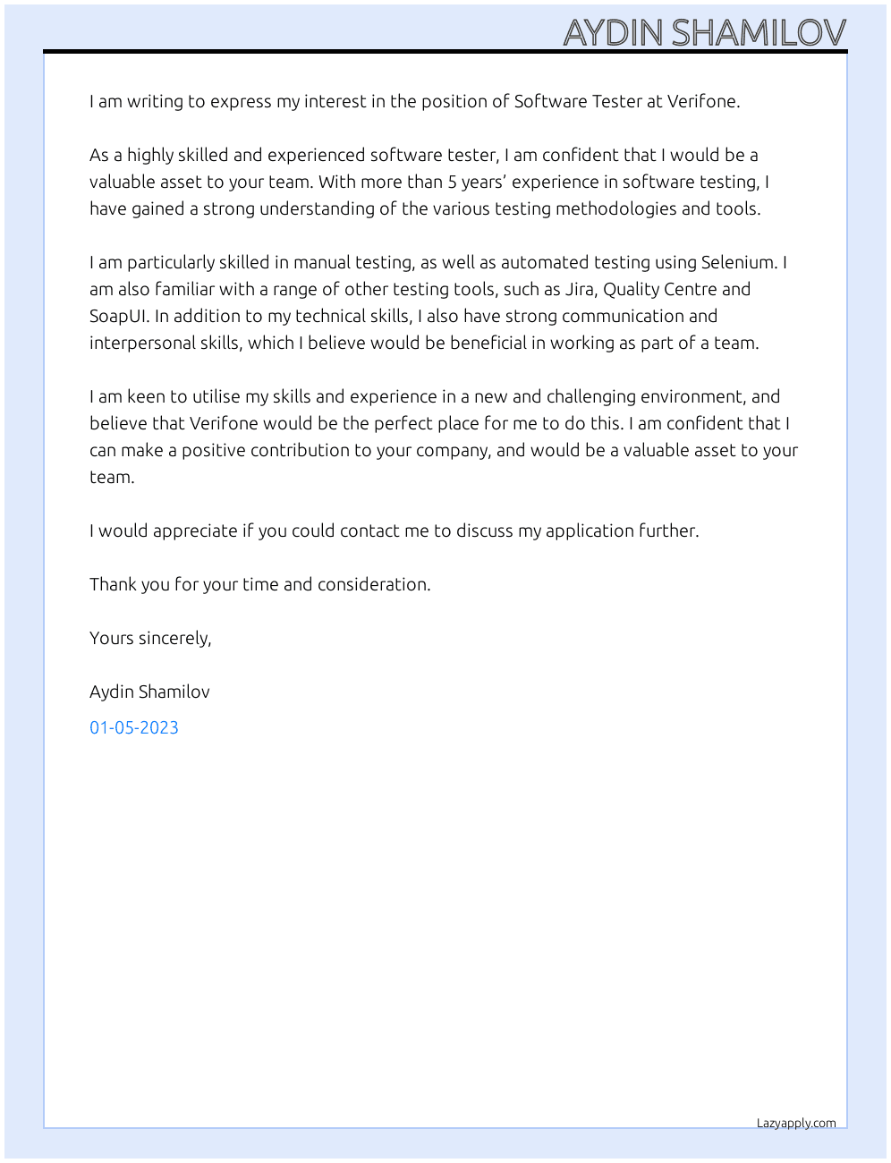 Software Tester At Verifone Cover Letter