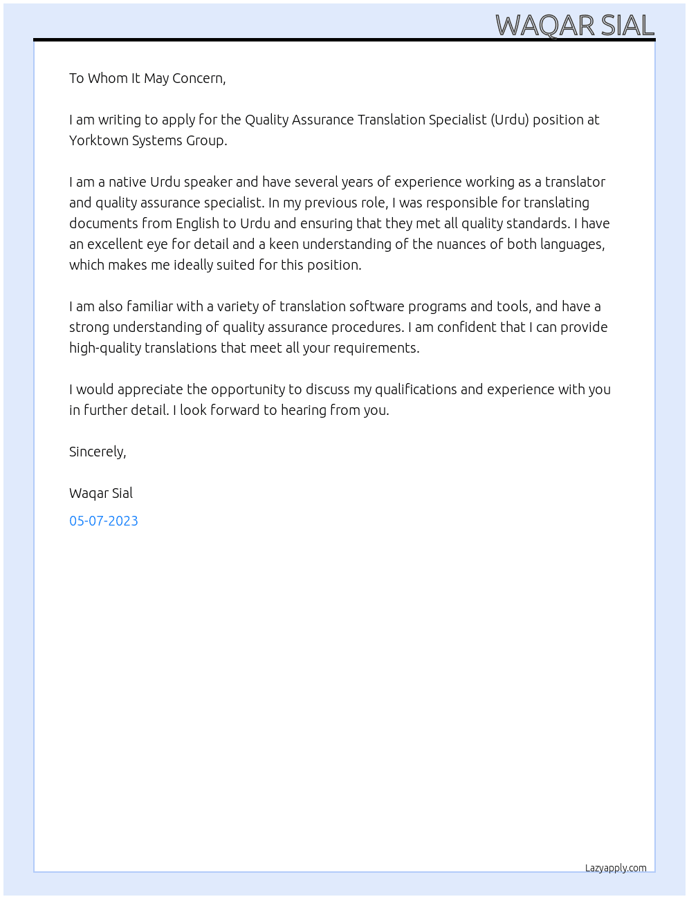Quality Assurance Translation Specialist (Urdu)  At Yorktown Systems Group Cover Letter