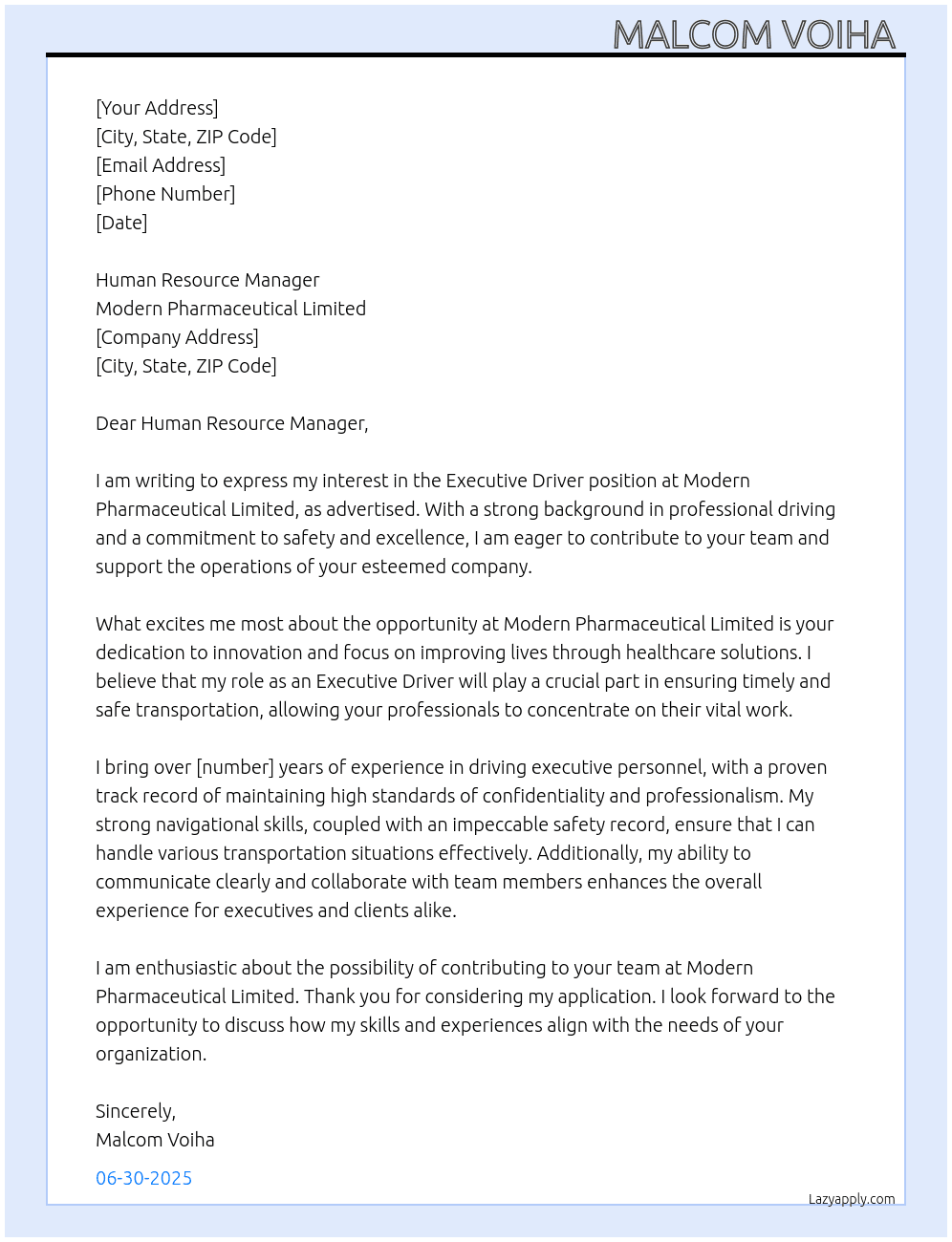 Executive driver  At Modern pharmaceutical limited  Cover Letter