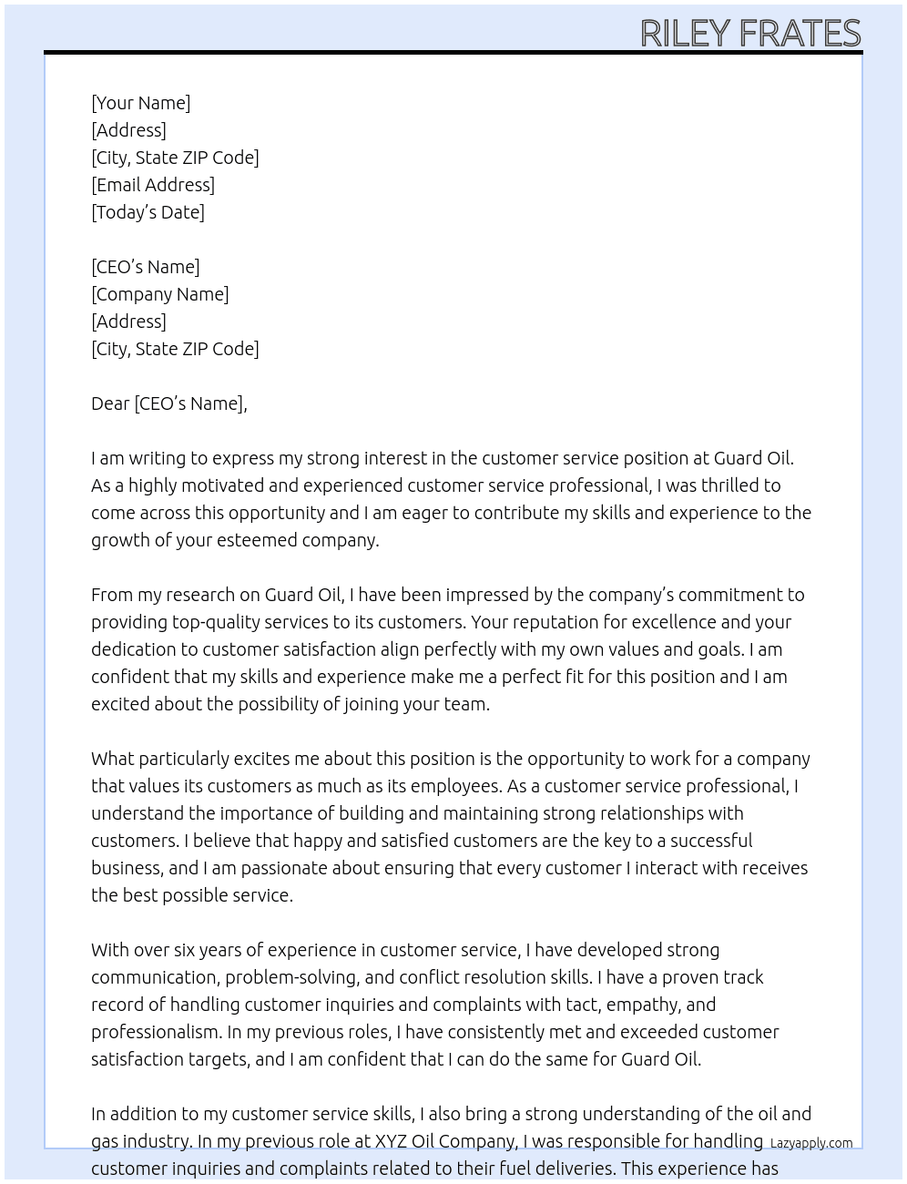customer service At Guard oil  Cover Letter