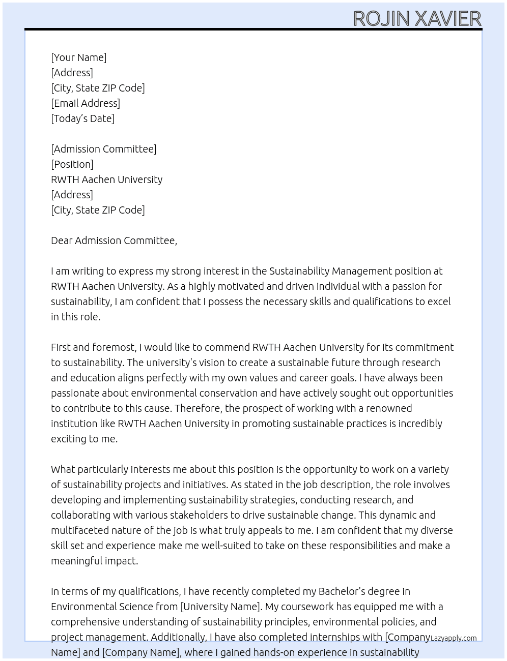 Sustainability management  At RWTH Aachen university  Cover Letter