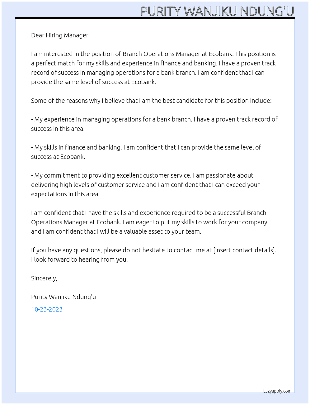 finance and banking At Ecobank Cover Letter