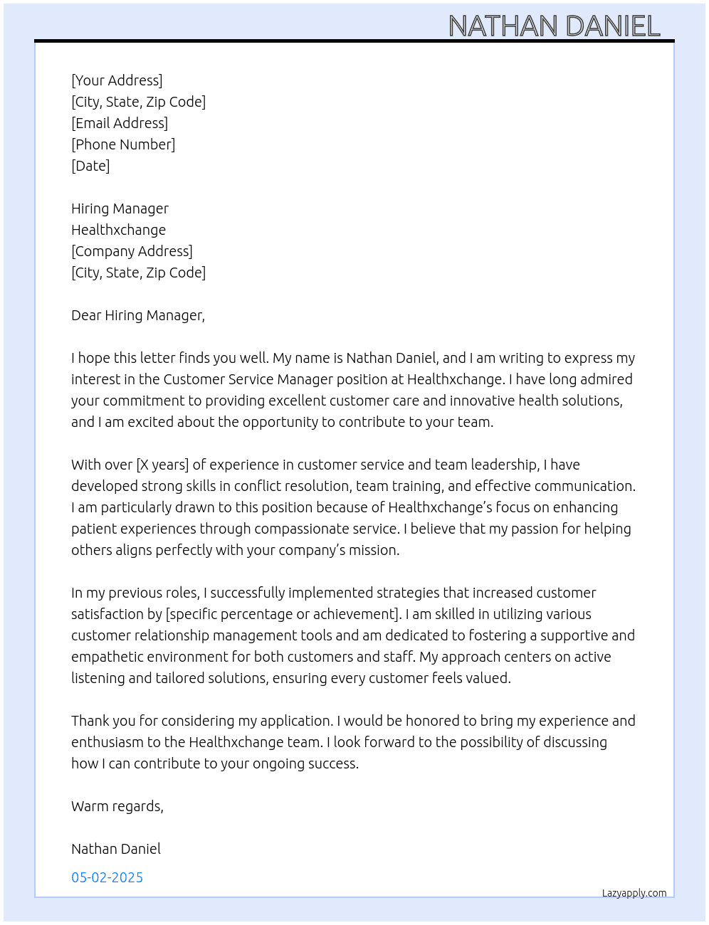 Customer service manager At Healthxchange Cover Letter