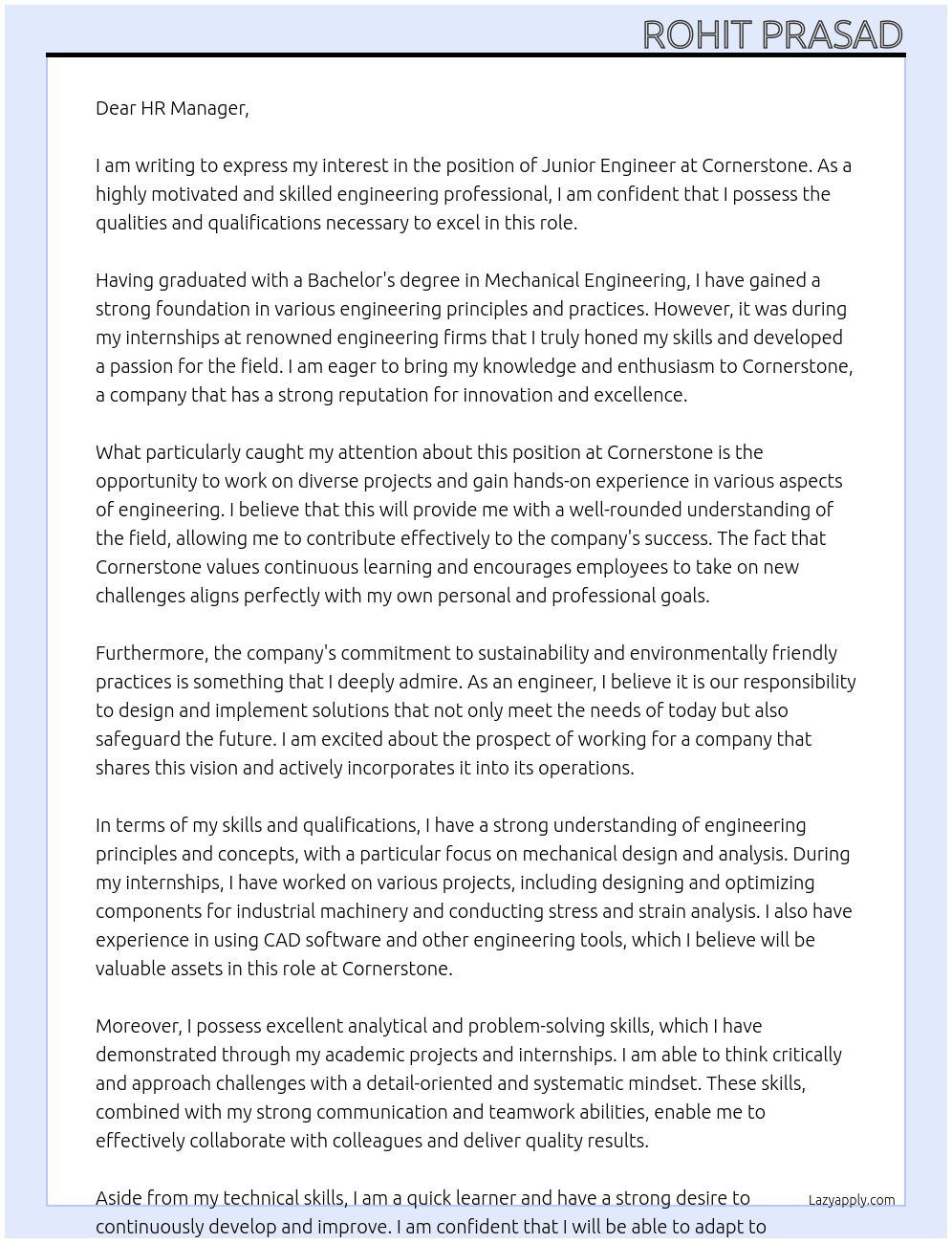 junior Engineer At cornerstone Cover Letter