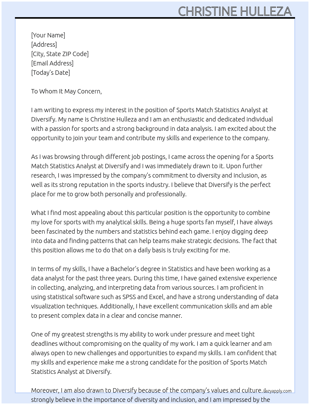 Sports Match statistics analyst  At Diversify  Cover Letter
