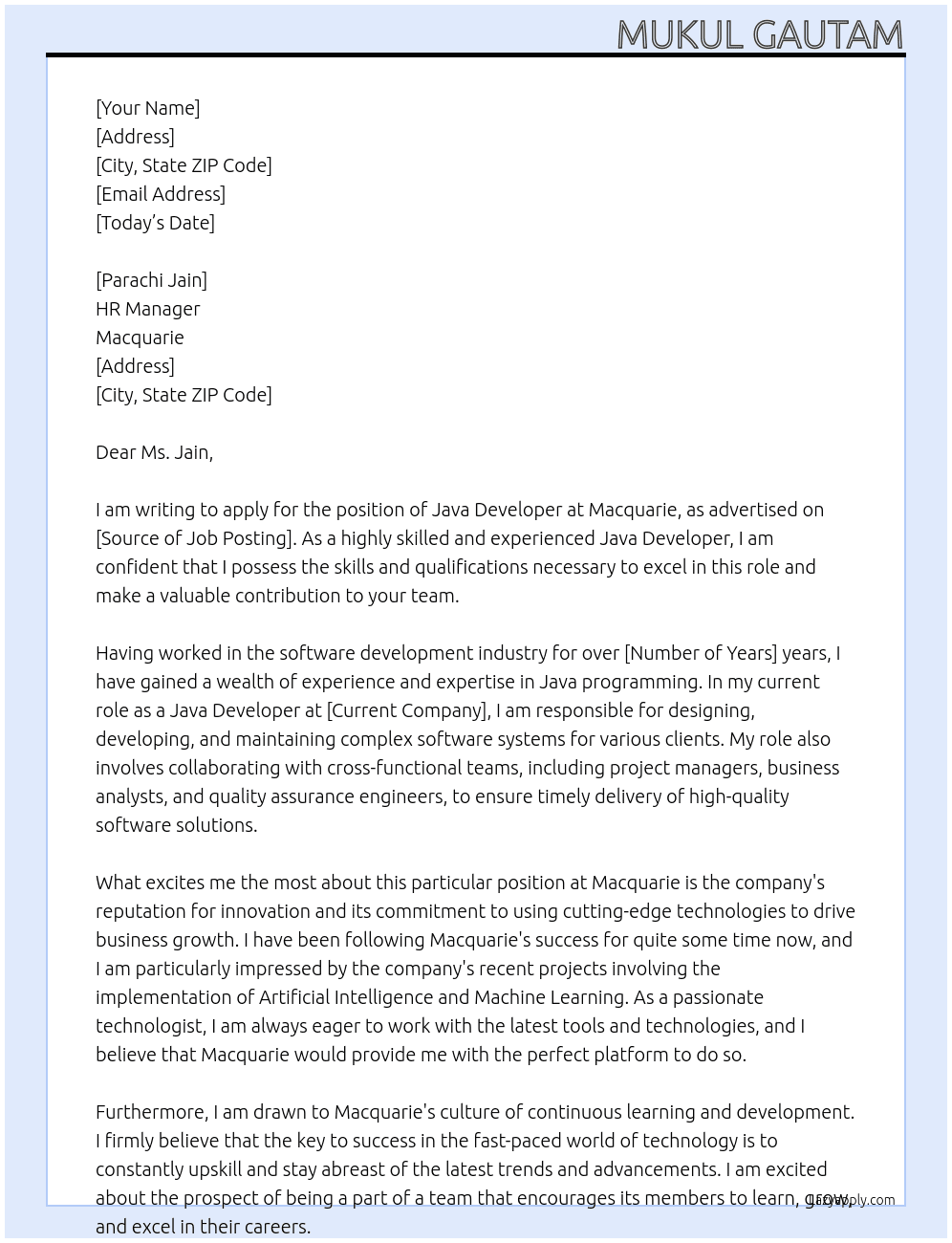 Java developer At Macquarie Cover Letter