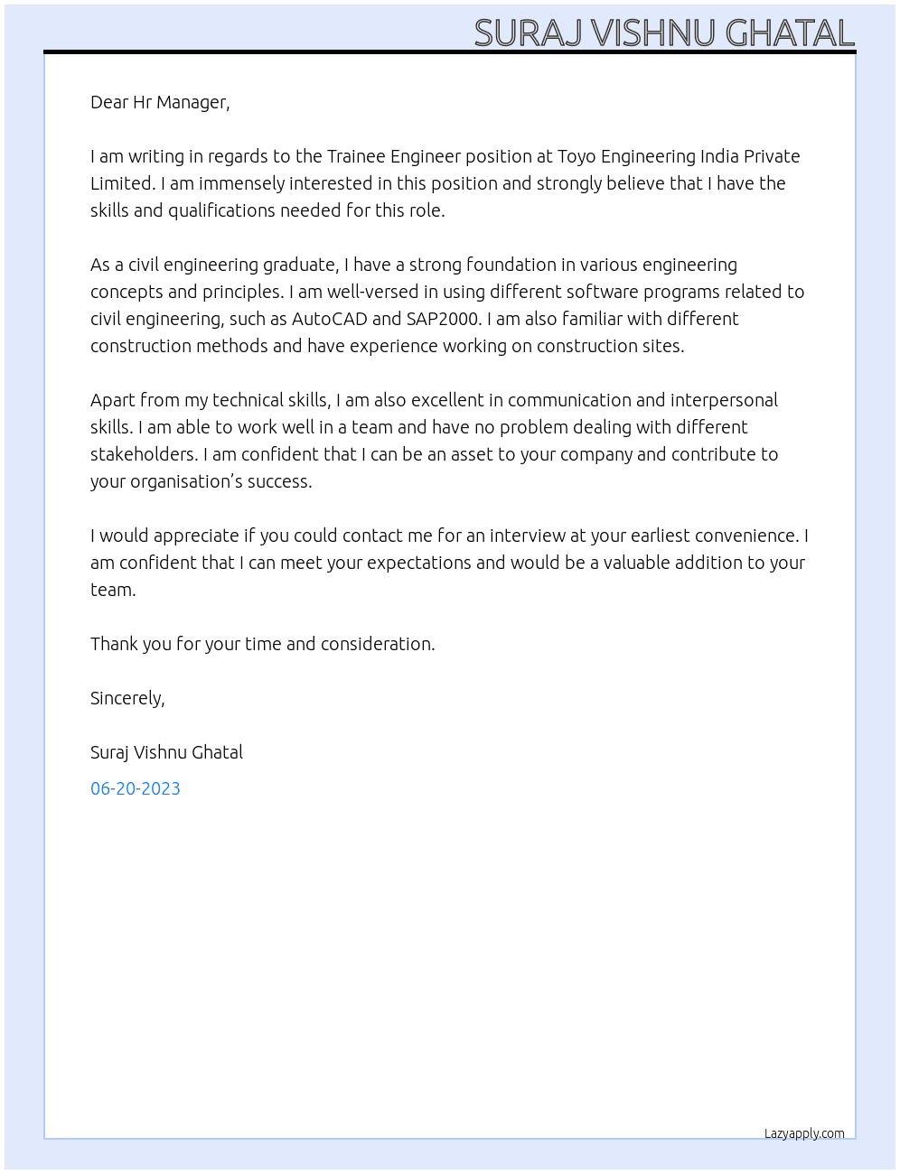  TRAINEE ENGINEER At Toyo Engineering India Private Limited  Cover Letter