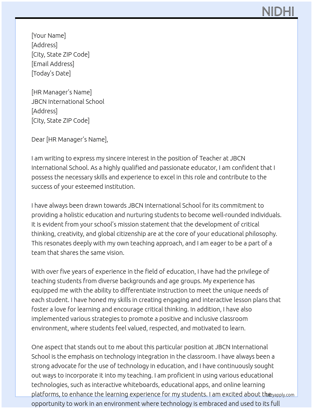 Teacher  At JBCN International School  Cover Letter