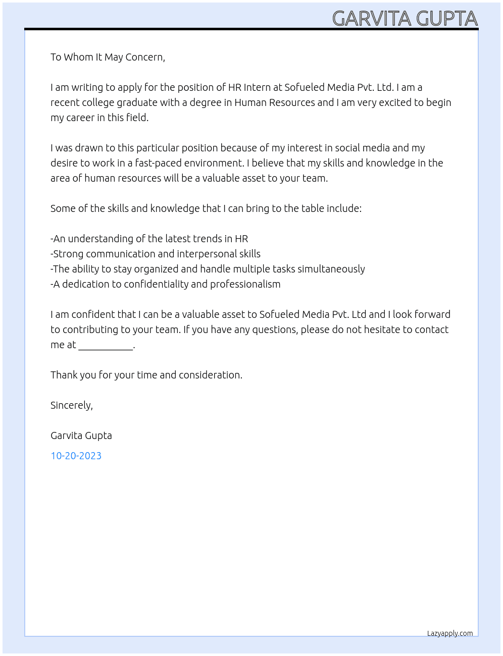 HR Internship At Sofueled Media Pvt. Ltd Cover Letter