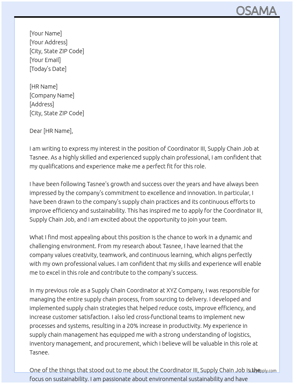 Coordinator III, Supply Chain Job At Tasnee Cover Letter