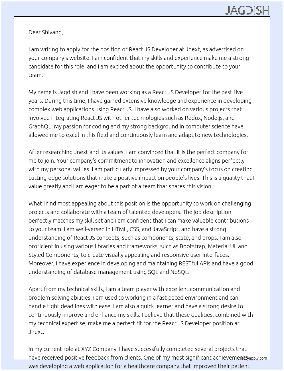 React Js Devlopr At Jnext Cover Letter