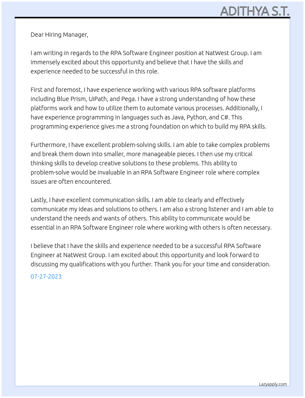 RPA Software Engineer At NatWest Group Cover Letter
