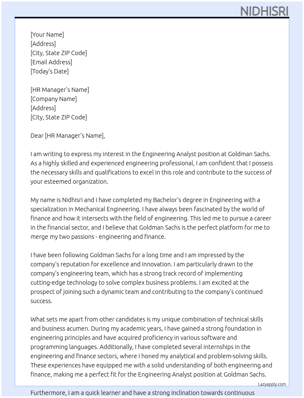 engineering analyst At goldman sachs Cover Letter