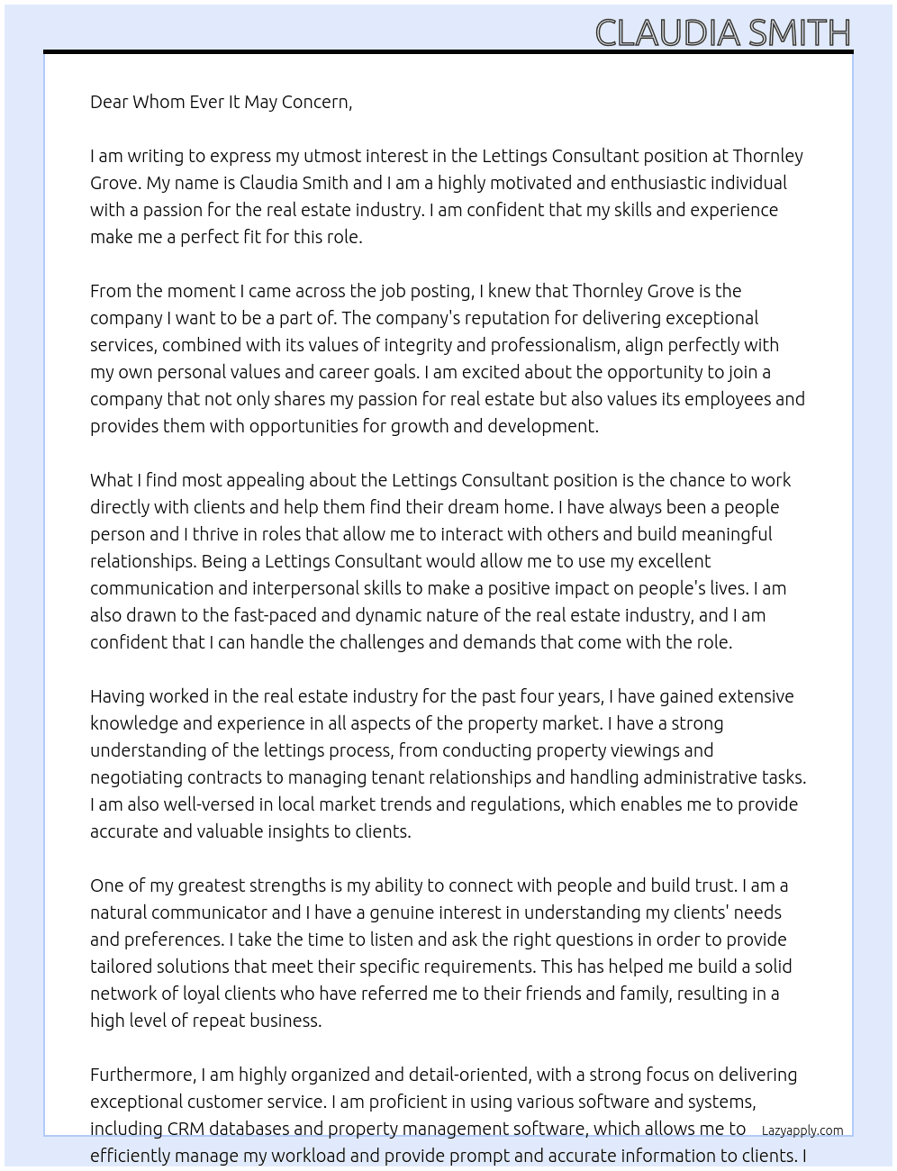 Lettings Consultant At Thornley Grove Cover Letter