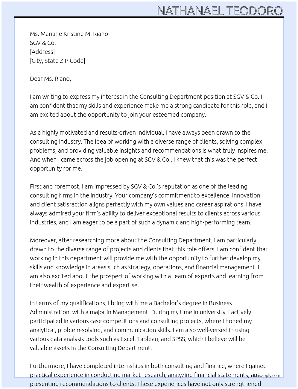 Consulting Department At SGV & Co. Cover Letter
