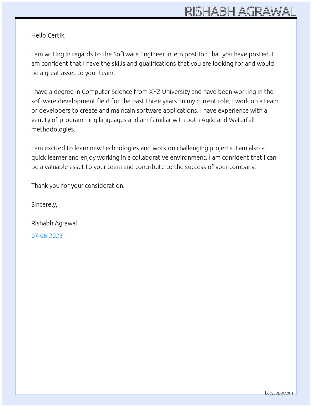 Software Engineer Intern At Certik Cover Letter