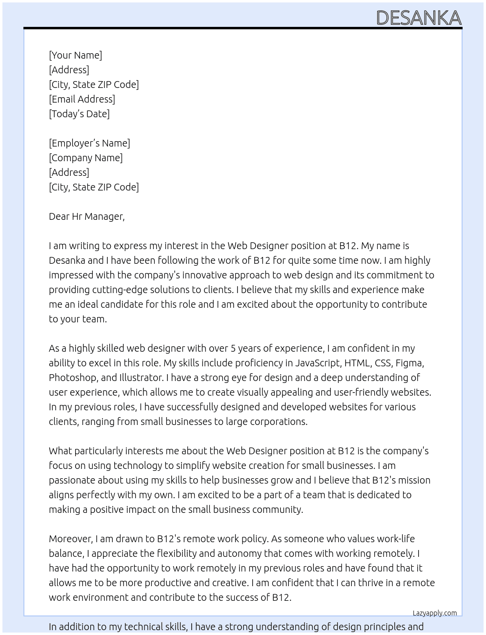 Web designer At b12 Cover Letter