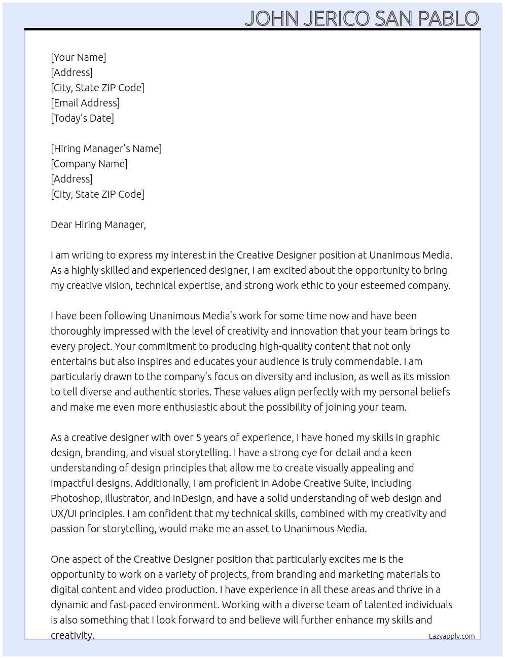 Creative Designer At Unanimous Media Cover Letter