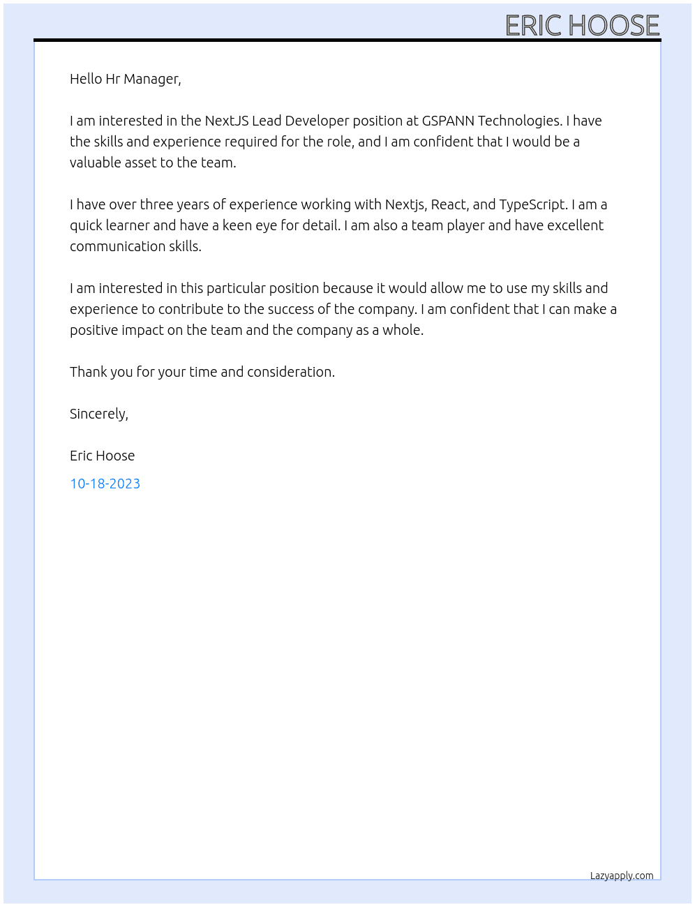 NextJS Lead Developer At GSPANN Technologies Cover Letter