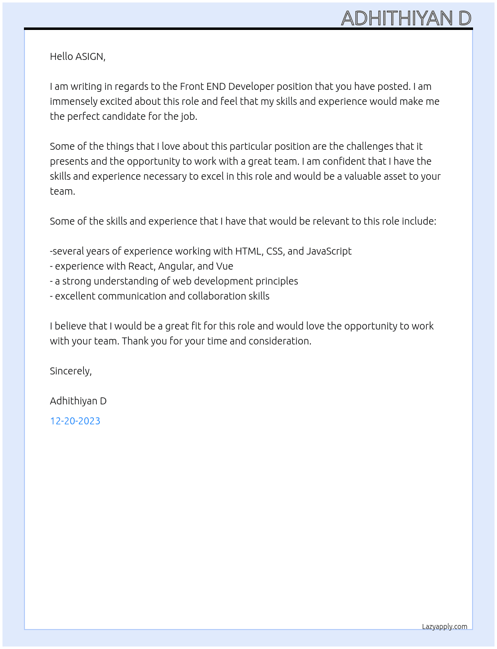 Front END Developer At ASIGN Cover Letter