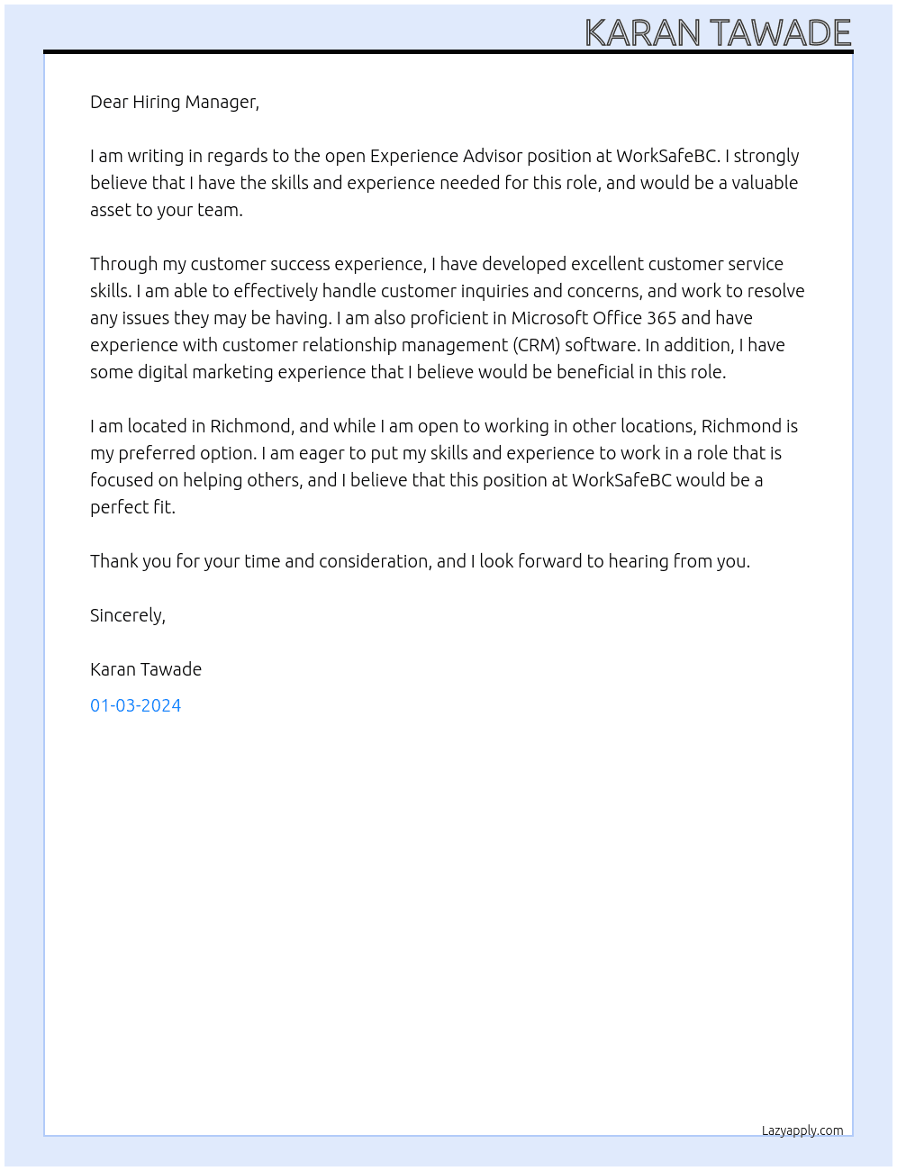 Experience Advisor At WorkSafeBC Cover Letter