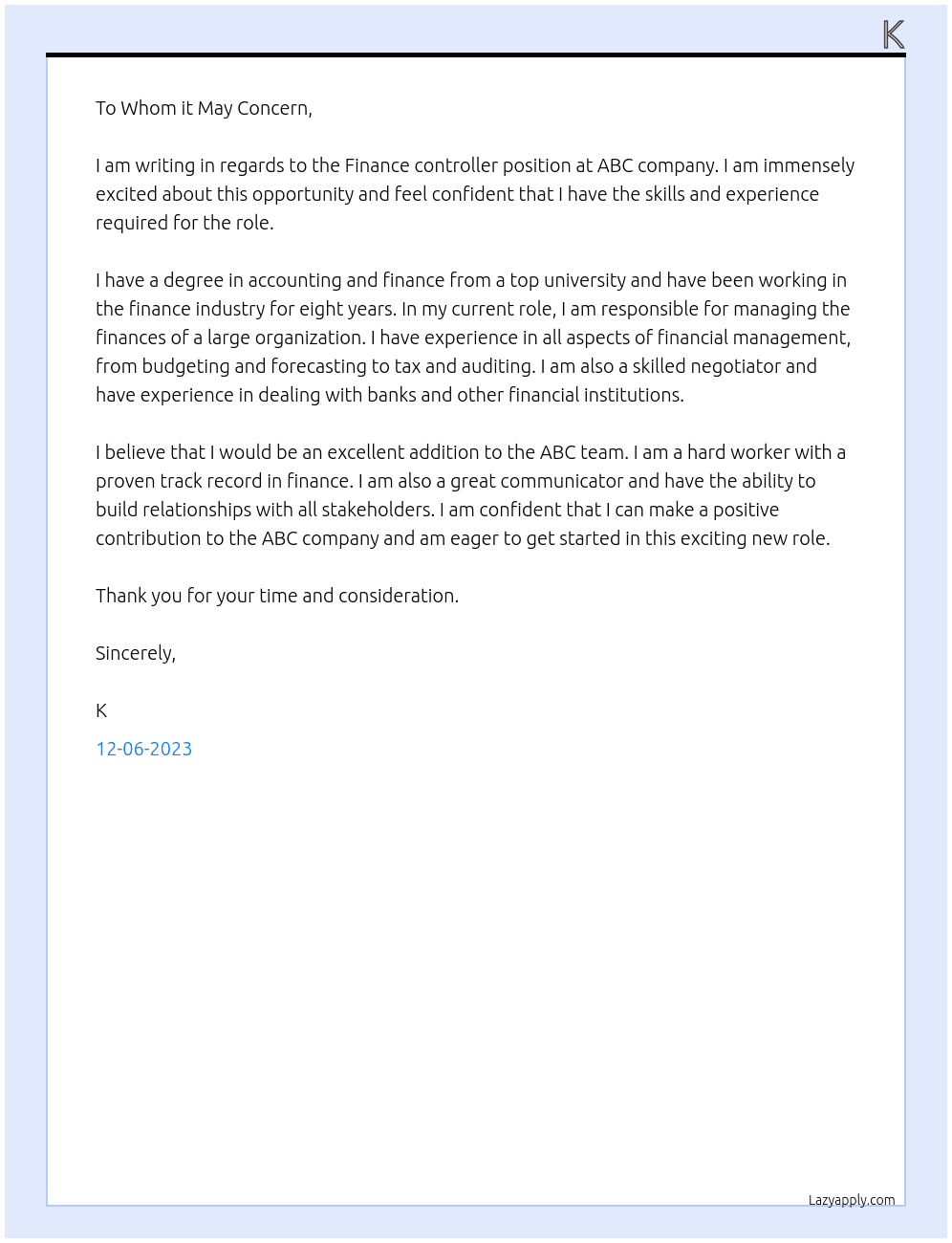 Finance controller  At Abc Cover Letter