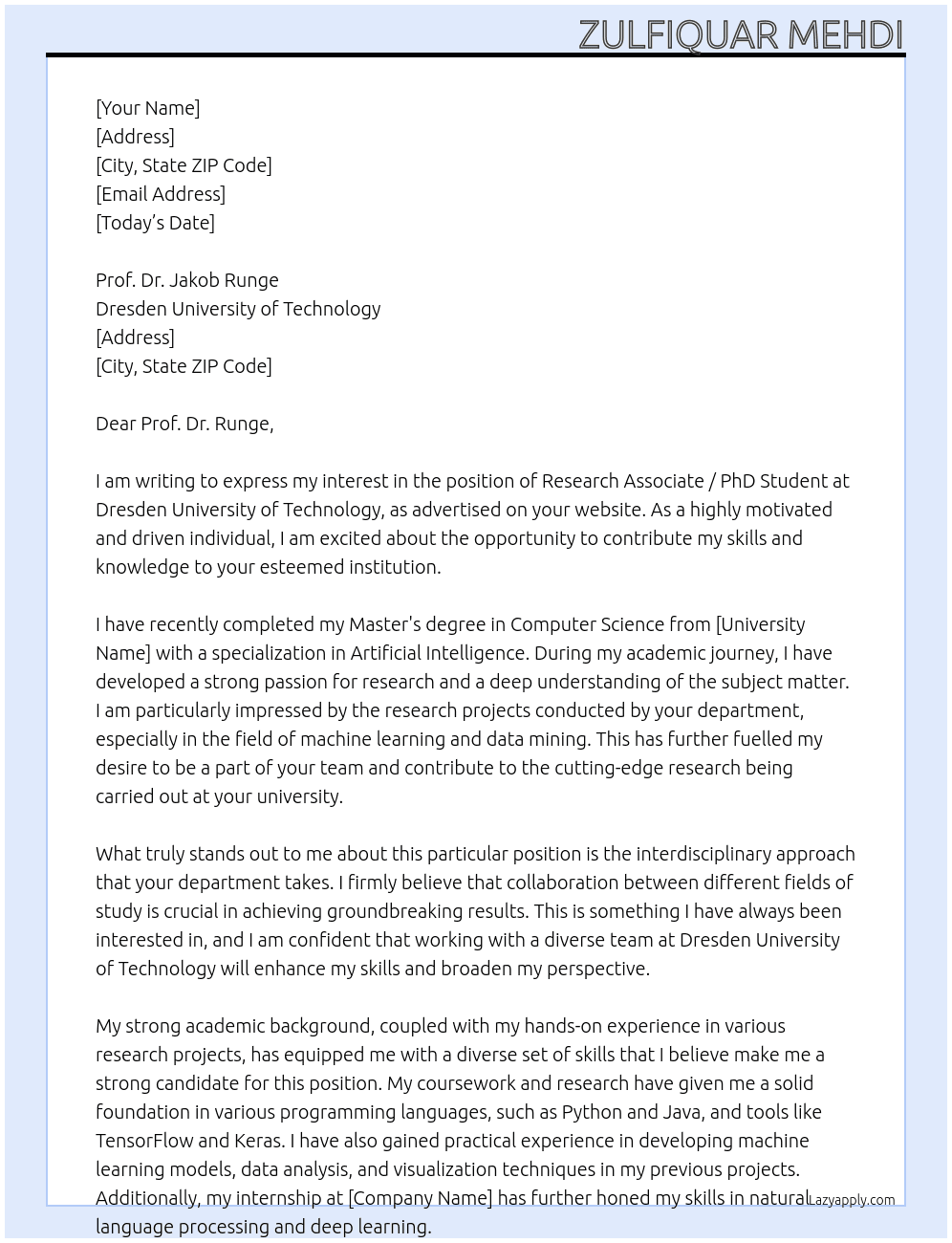 Research Associate / PhD Student At Dresden University of Technology Cover Letter