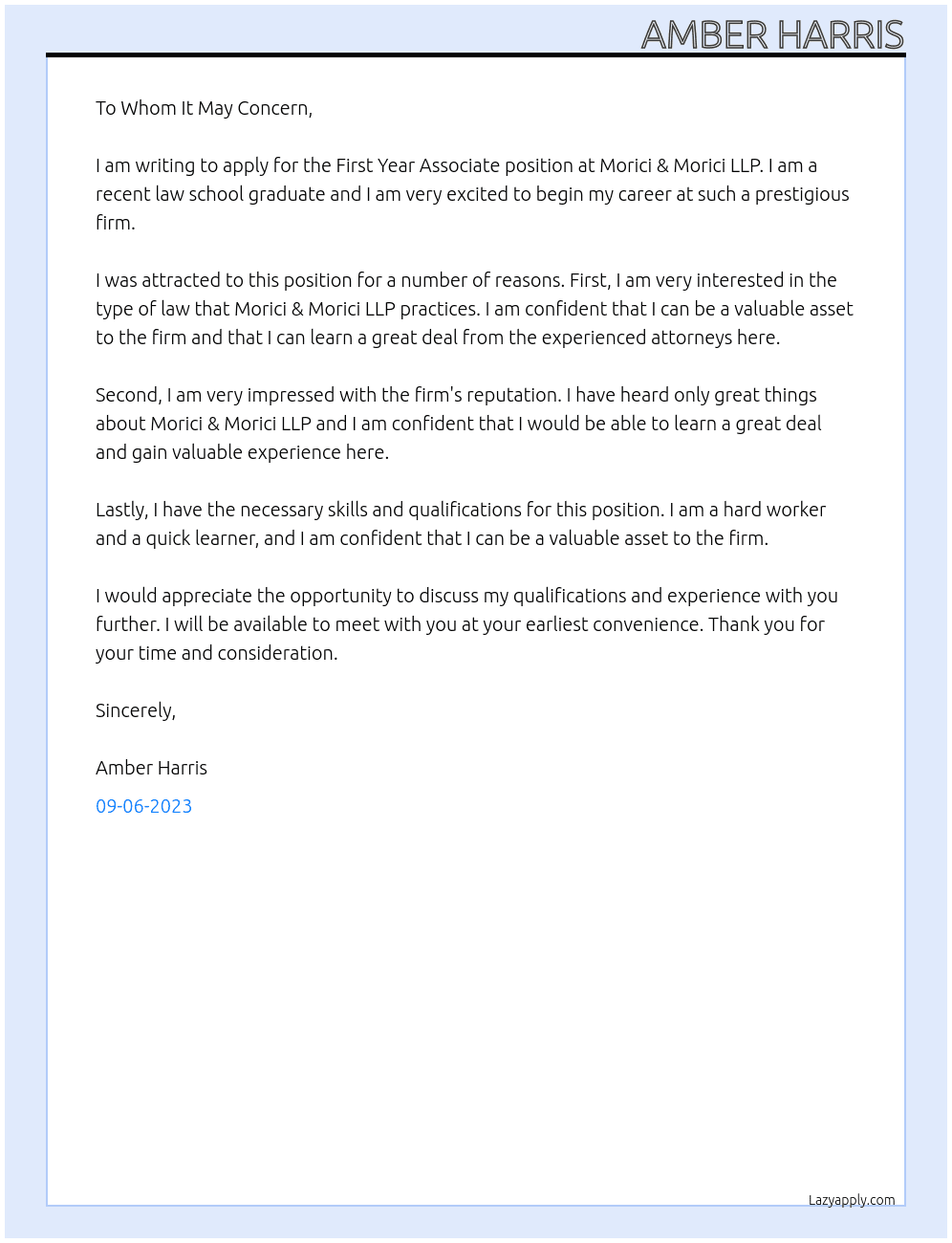 First Year Associate At Morici & Morici LLP Cover Letter