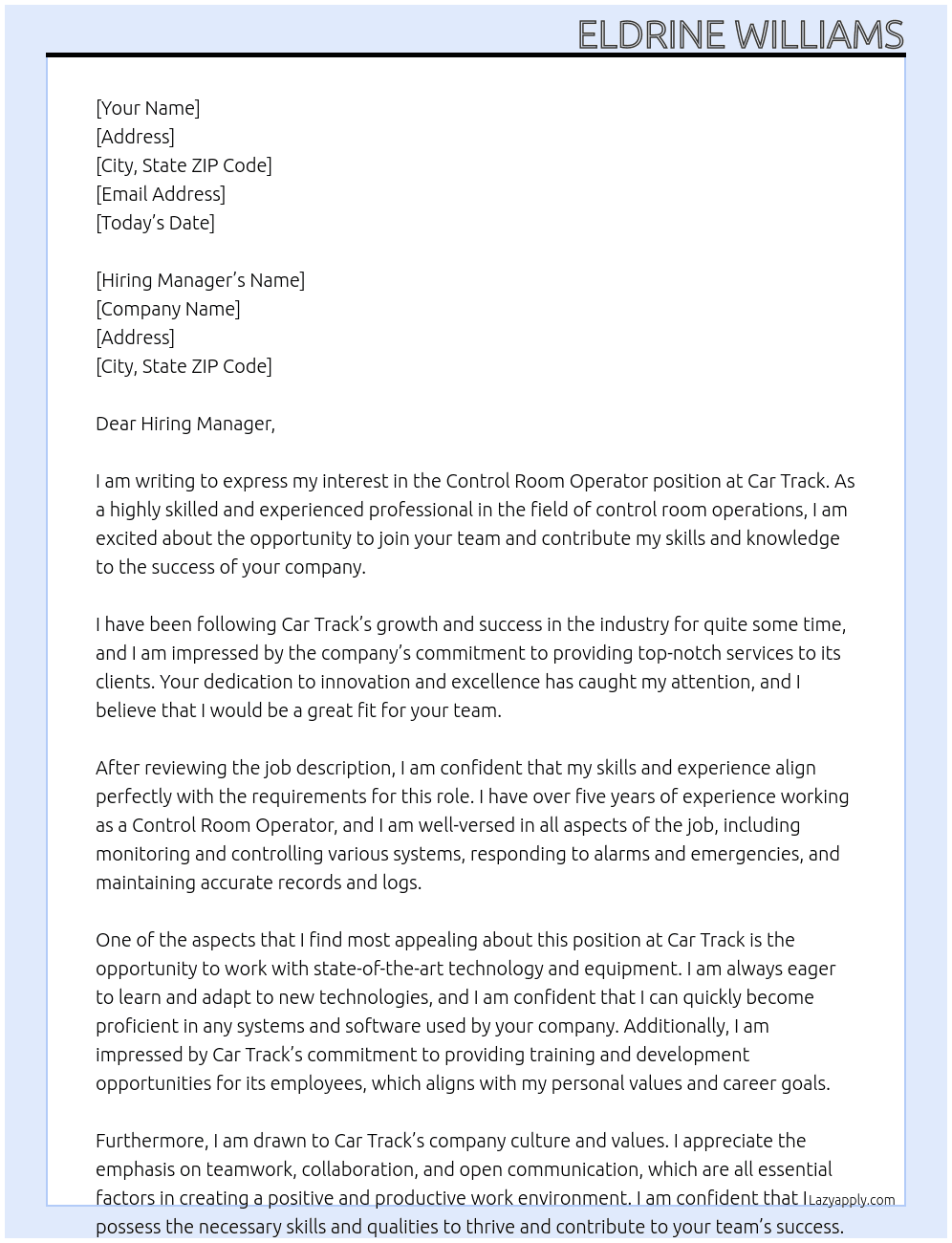 Control room operator At Car track Cover Letter