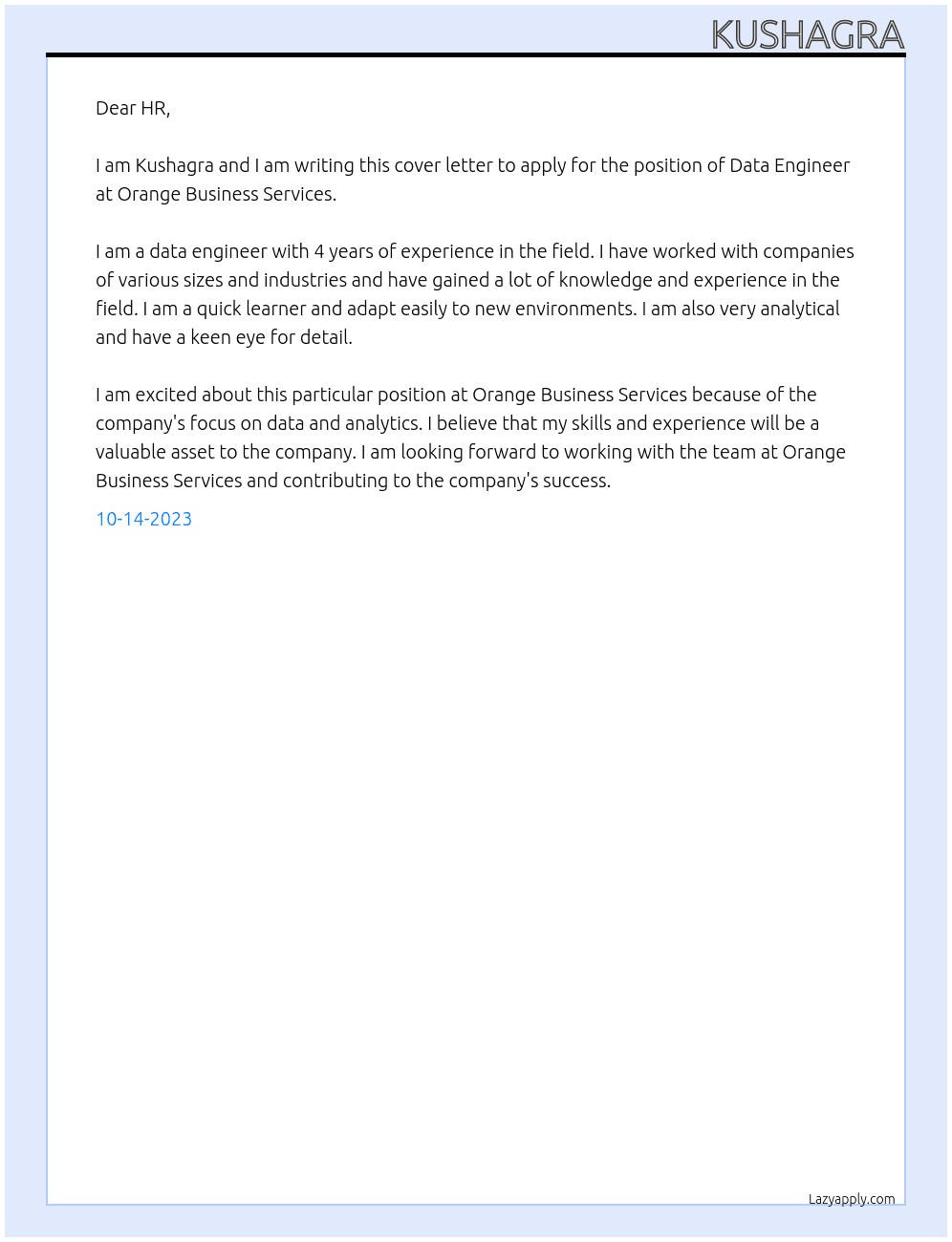 Data Engineer At Orange Business Services Cover Letter