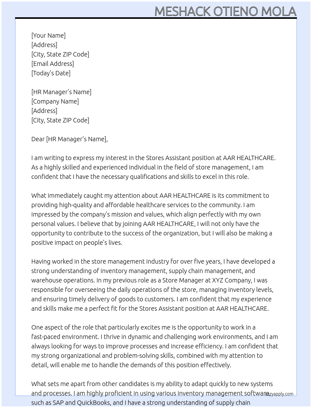 Stores Assistant At AAR HEALTHCARE Cover Letter