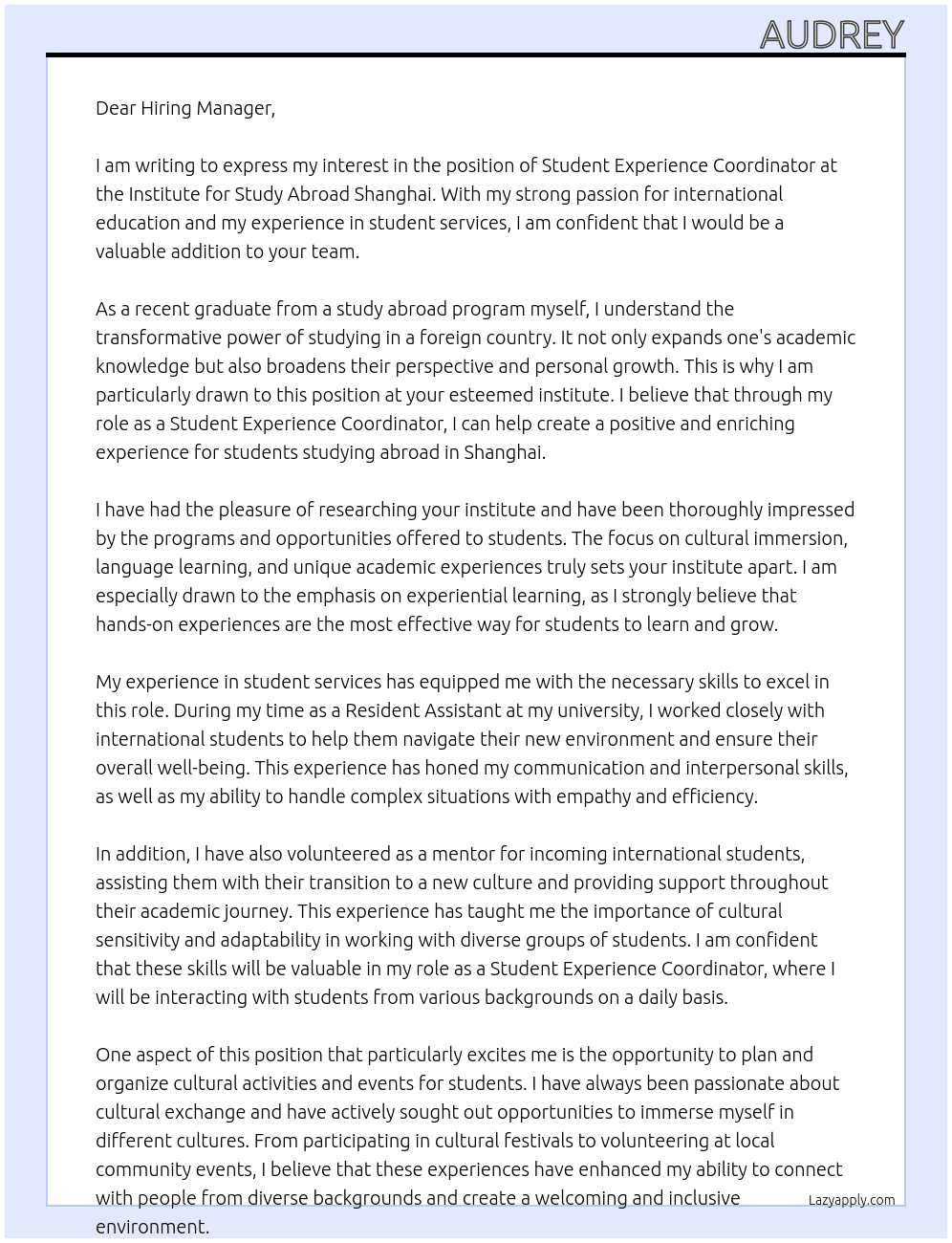 student experience coordinator  At Institute for study abroad shanghai Cover Letter