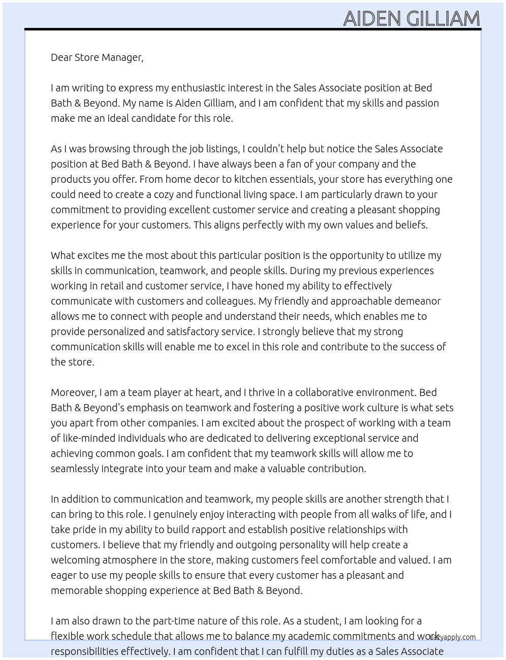 Sales Associate At Bed Bath & Beyond Cover Letter