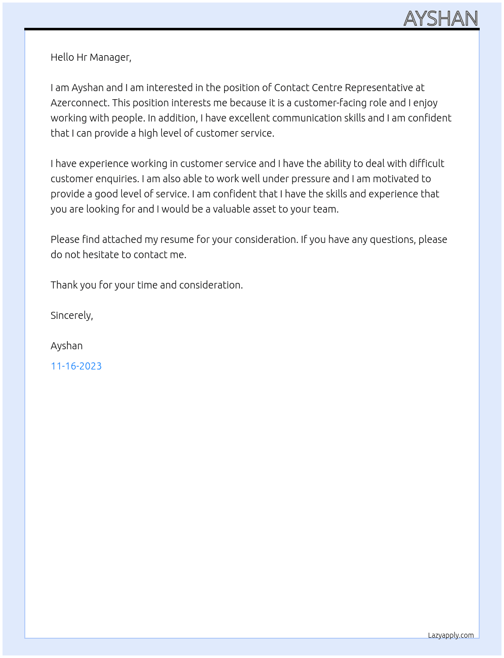 Contact Centre Representative At Azerconnect Cover Letter