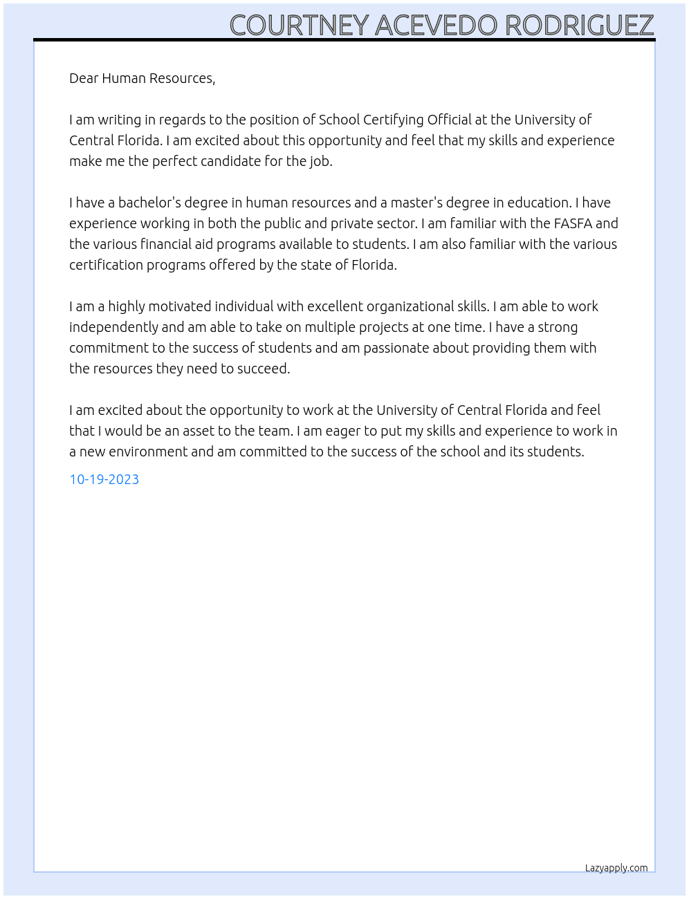 School Certifying Official At University of Central Florida Cover Letter